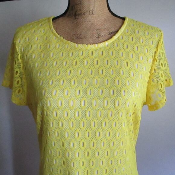 Y2K Vintage Bisou Bisou Yellow Lace Sheath Dress L 14 Crochet Overlay Boho Glam - Picture 7 of 17